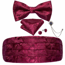 Mens Cummerbunds Silk Paisley Red Tuxedo Cummerbunds Bow Tie Pocket Square Brooch Set Men Wedding Party Waistband DiBanGu