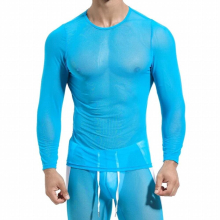 Mens Mesh See-through Fishnet Shirt Men Party Perform Streetwear Tops Fitness Riding Sexy Long Sleeve Nightclub Wear Shirts