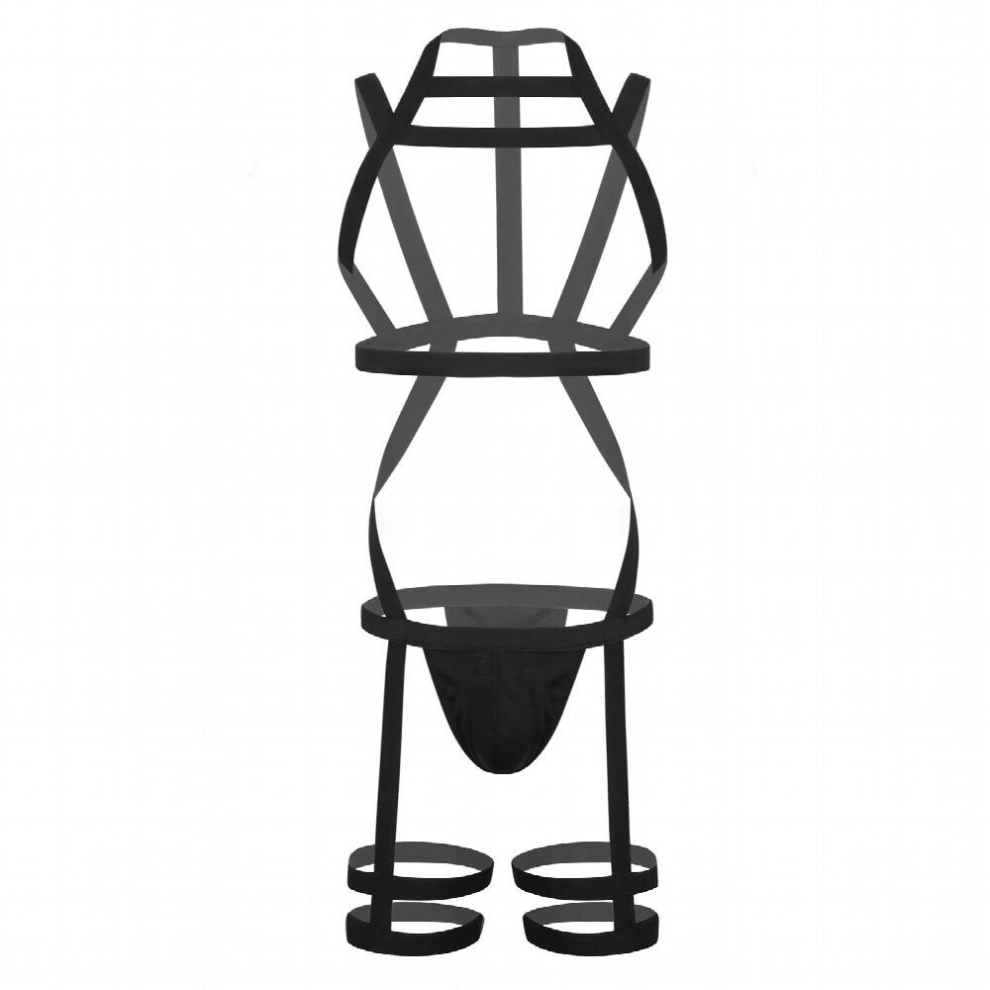 Black Sexy Men Harness Set Elastic Halter Chest Body Straps Lingerie Thong Leg Belt Briefs Bodysuit Nightclub Stage Performance Costum