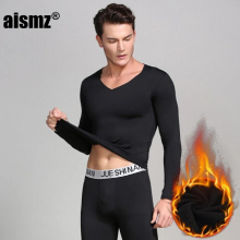 Aismz Male Thermal Underwear Men Long Autumn Winter V-neck Tops+Pants Set Warm Fleece Thick Plus Size M-4XL