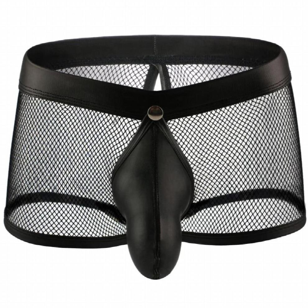 Sexy Gay Underwear Mesh Boxers Homme Faux Leather Open Crotch Pouch Shorts Transparent Open Butt Male Panties Gay Cueca