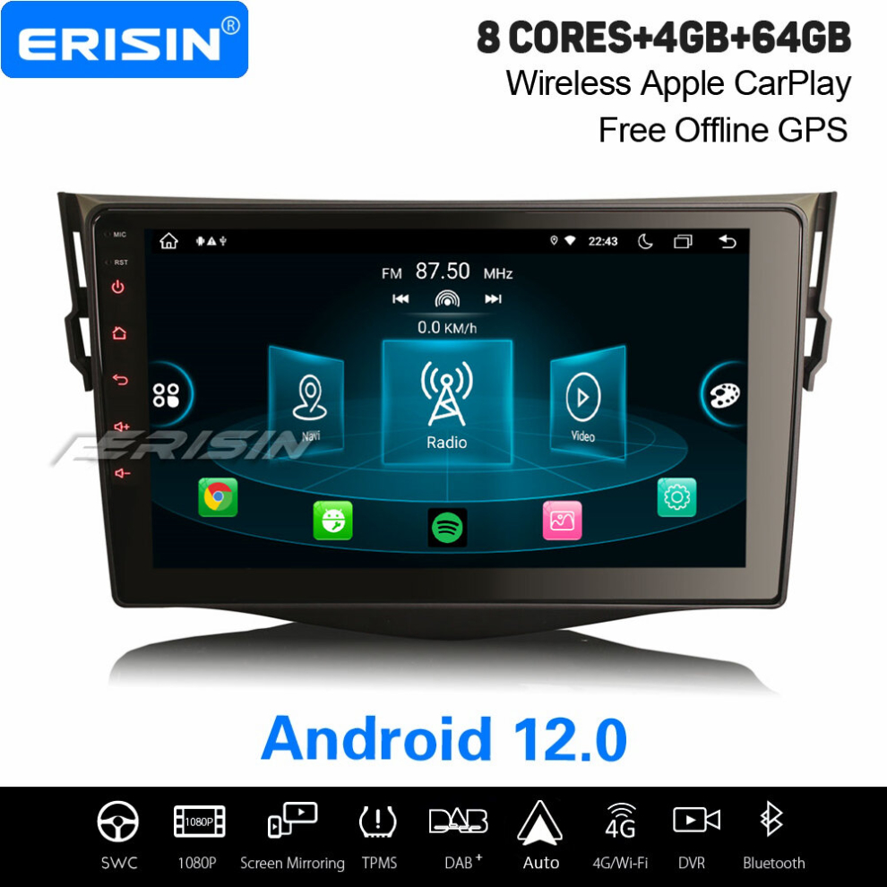 9 Inch Ips Android 12 Toyota Rav4 Car Stereo Dab+ Satnav 8-Core 4Gb+64Gb Carplay&Android Auto Wifi Swc Obd2 Dsp 737655236651