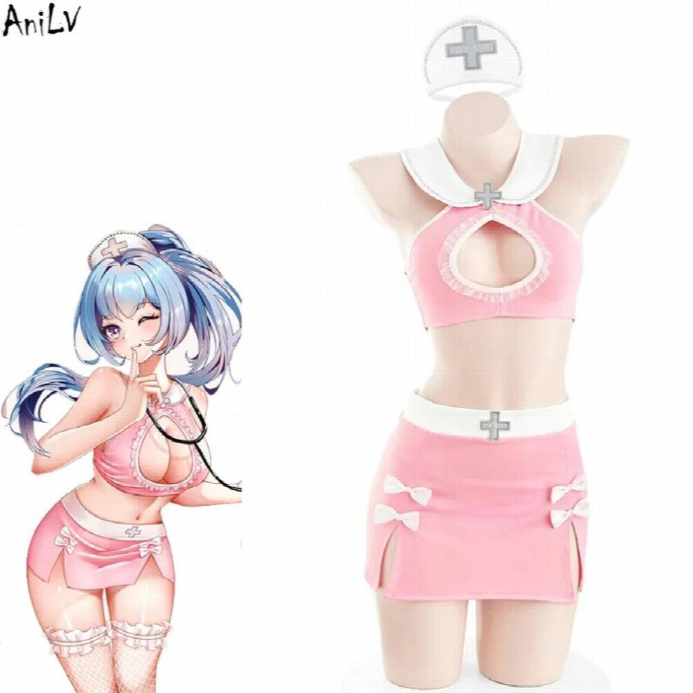 AniLV Anime Pink Nurse Unifrom Women Hollow Bow Outfits Costumes Cosplay