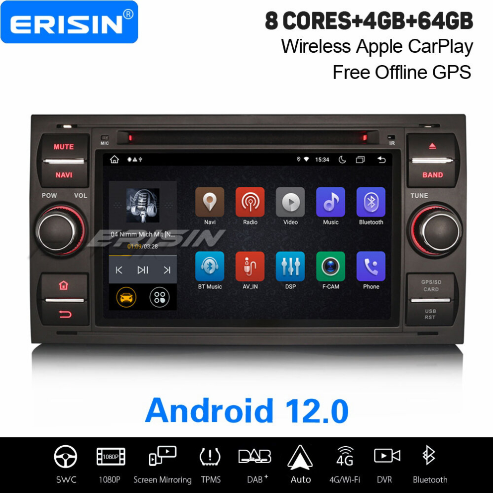 Android 12 Car Stereo Ford Focus C-Max Kuga Fiesta Transit Dab+ Satnav 8-Core 4Gb+64Gb Carplay Wifi Swc Obd2 Dsp 737655236668