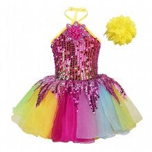 Kid Girls Ballet Dance Dress Halter Neck Sequin 3D Applique Colorful Tutu with Wristband Set Child Stage Performance Dancewear