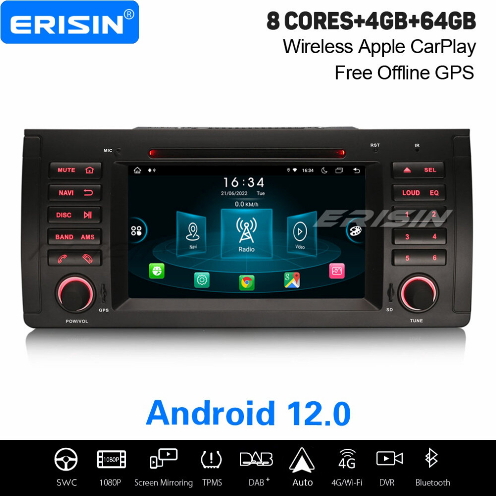 Android 12 Car Stereo Bmw X5 E53 Dab+ Gps Radio Octa-Core 4Gb+64Gb Carplay & Android Auto Wifi 4G Swc Canbus Obd2 Dvb-T Dsp 737655236675
