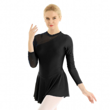 Womens Adult Figure Ice Skating Dance Dress Long Sleeve Neck Halter Backless Skating Dress Ballet Dance Gymnastics Leotard Dress