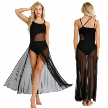 Women Adult Ballet Leotard Dress Spaghetti Strap Sleeveless Asymmetrical Mesh Lyrical Dance Dress Stage Performance Costumes