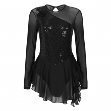 Women Long Sleeve Sequin Figure Skating Dress Sheer Mesh Backless Ballet Leotard Dresses Roller Skating Dancewear