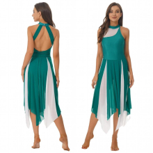 Womens Mesh Lyrical Dance Costume Sleeveless Halterneck Cut Out Back Modern Dance Dress Split Irregular Ballet Leotard Dresses