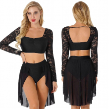 Womens Gymnastics Leotards Lyrical Costume Ballet Dance Outfits Floral Lace Long Sleeve Pleated Crop Top with Skirted Briefs