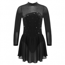 Child Girls Rhinestone Long Sleeves Tulle Splice Figure Ice Skating Dress Gymnastic Ballet Leotard Dress Ballroom Dance Clothing