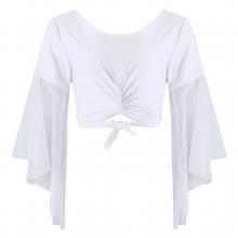 Womens Femme Belly Dance Top V Neck Lace-up Stage Performance Belly Dance Costume 3/4 Tulle Flared Sleeve Crop Top Dancewear