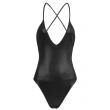 Women Adult Patent Leather Spaghetti Shoulder Straps Deep V One Piece Dance Leotard Tutu Dress Dancer Performance Clothes