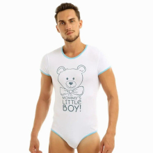 Mens Adult Baby & Diaper Lover Lingerie Bodysuit Bodystocking Crotch Front Printed Sissy Gay Male Bodysuit Romper Pajamas