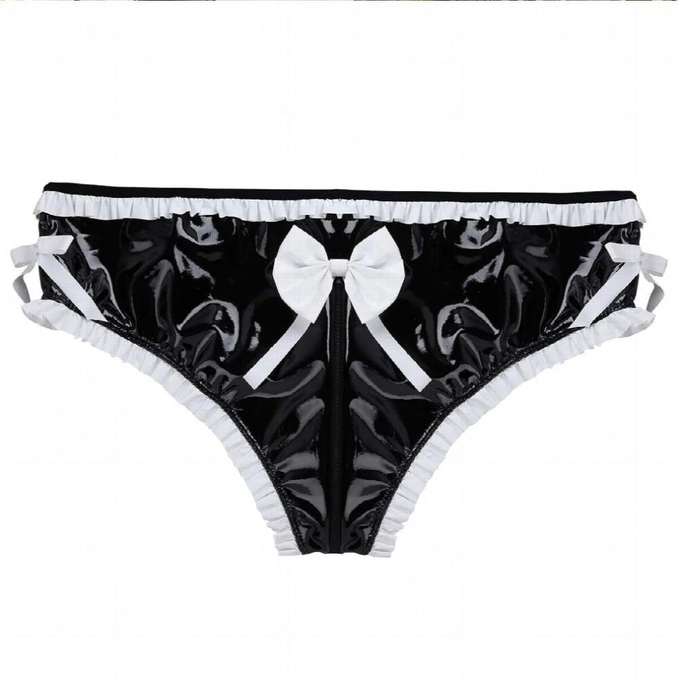 Mens Sissy Bowknot Latex Lingerie Wetlook Leather Open Penis Hole Bikini Briefs Underwear Gay Zipper Open Crotch Panties