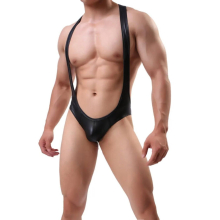 Sexy Mens Undershirts PU Leather Bodysuit One-Piece Leotard Clubwear Wrestling Singlet Gay Backless Briefs Penis Pouch Jumpsuits