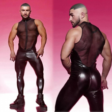 Men Sexy Mesh Top Stitching Leather Jumpsuit Tight Leather Zentai suits for Men See through Club Wear