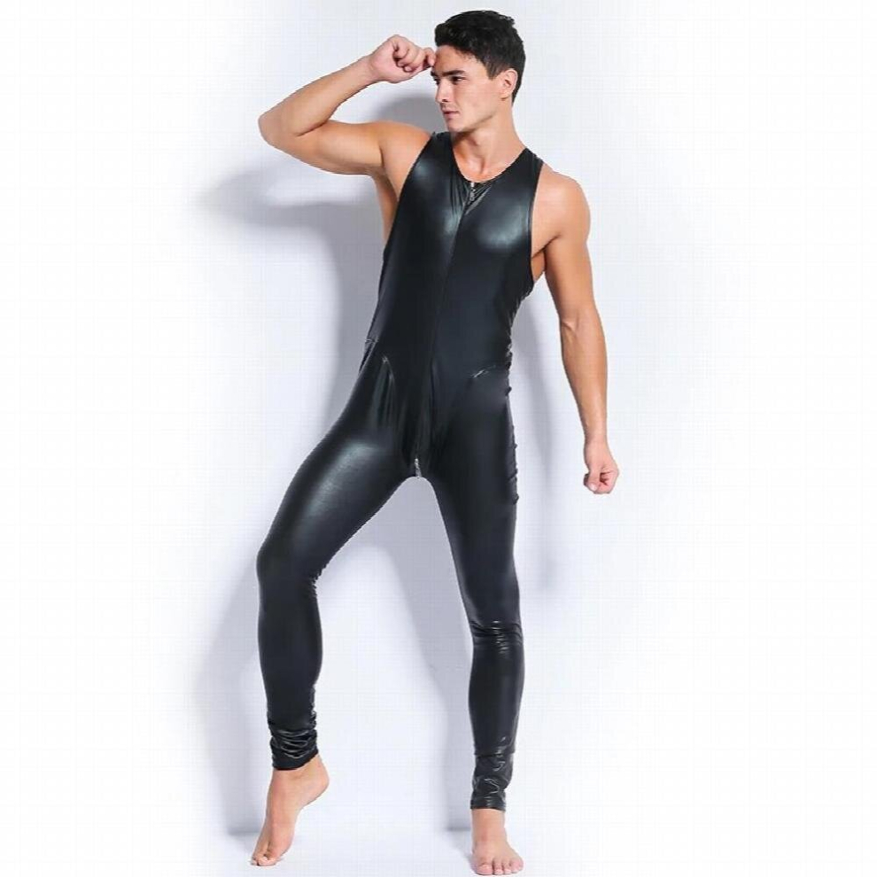 Black Patent Leather Zipper Open Crotch Latex Catsuit Jumpsuit Sexy Lingerie For Men Erotic Costumes Spandex Catsuit Bodysuit Clubwear