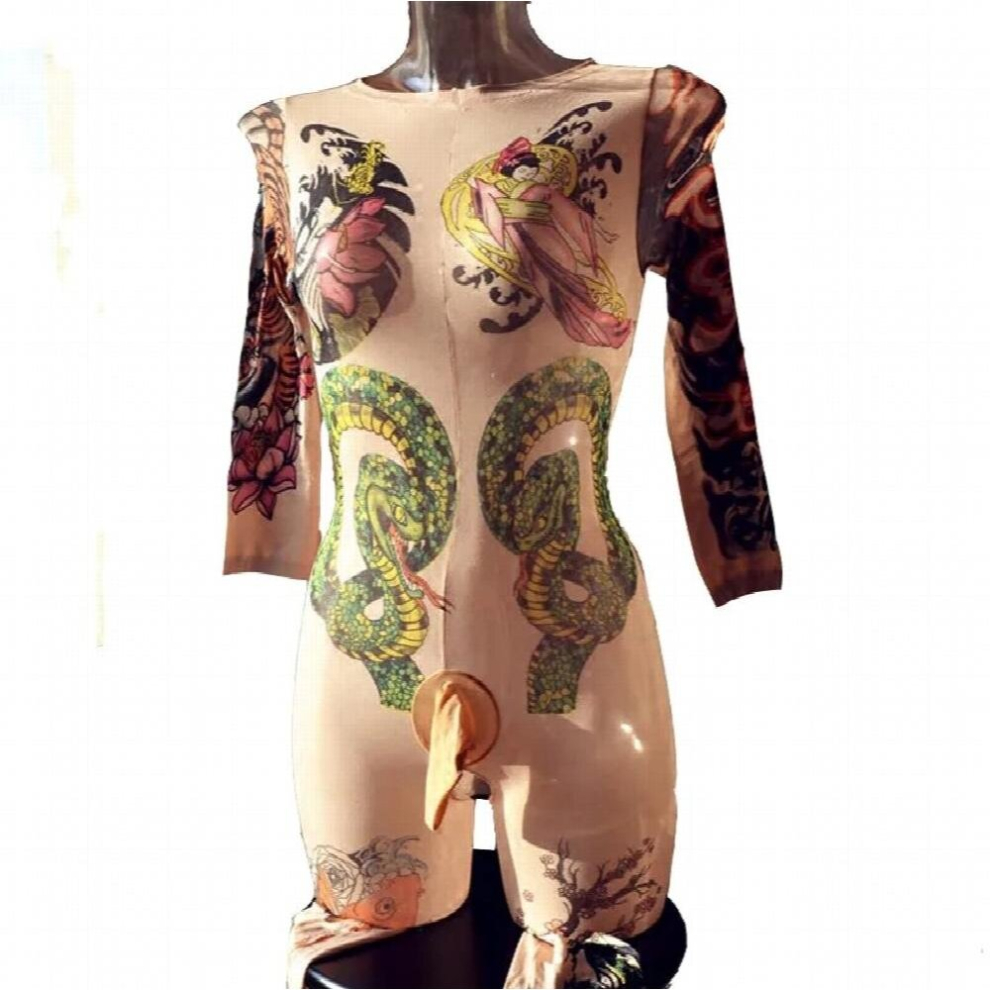 Sexy Men Sheer Nude Japanese Tattoo Bodystockings with Penis Sheath Bodysuit Body Stockings Sissy Fetish Lingerie for Him