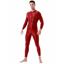 Mens One-piece Shimmery Smooth Lingerie High Neck Long Sleeves Ankle Length Double-ended Zipper Leotard Bodysuit Jumpsuit