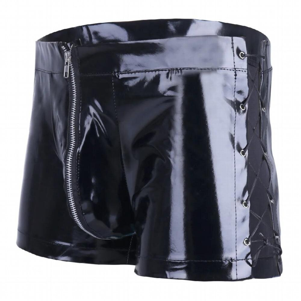 Black Mens Sexy Open Crotch Leather Short Pants For Sex Latex Bodycon Zipper Crotchless Patent Leather Fetish Boxer Lace Up Beside