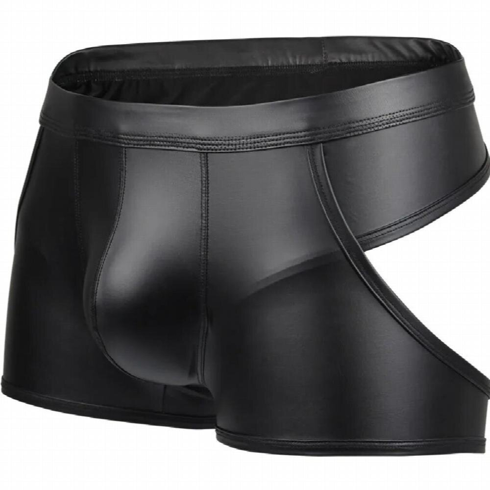 Black Mens Sexy Pu Boxer Faux Leather Wetlook Underwear U Convex Open Butt Shorts Bulge Penis Pouch Backless Panties Fetish Costume