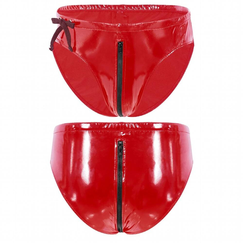 Man Sexy Lingerie Underwear Latex Patent Leather Briefs Mens Drawstring Low Waist Zipper Panties Party Dance Nightclub Costume