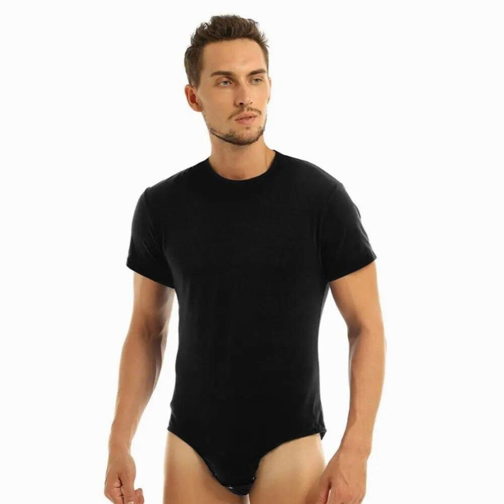 Mens Bodysuit Adults Men One-Piece Lingerie Round Neck Short Sleeves Press Crotch T-Shirt Bodysuits One-Piece Romper Pajamas