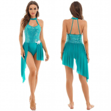 Women Lyrical Dance Dress Ballet Gymnastics Skating Ballroom Leotard Sleeveless Sequin Halter Neck Sheer Mesh Dancewear