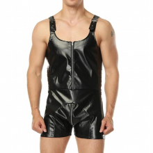 Sexy PU Leather Bodysuits Leotard Men Jumpsuits Trunks Lingerie Zipper Open Crotch Latex Playsuits Party Clubwear Bodystocking