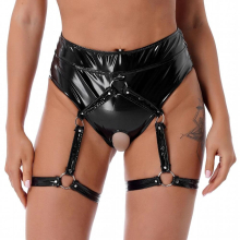 Woman Sexy Lingerie Underwear Crotchless O Ring Leg Garter Panties Latex Patent Leather Underpants for Nightclub Pole Dance Wear