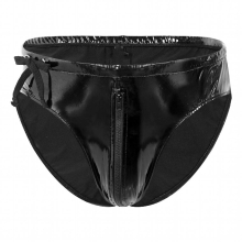 Men Glossy Patent Leather Panties Underwear Low Waist Bikini Briefs Underpants Swimwear Zipper Crotch Briefs Pole Dance Clubwear