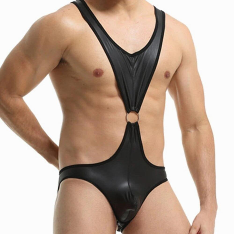 Open Butt Bodysuit Mens Sexy Gay Jock Strap PU Leather Wet Look Underwear Penis Bulge Pouch Jumpsuit Backless Porn Sex Lingerie