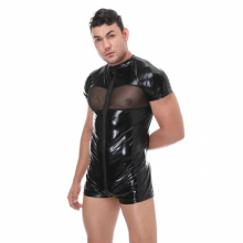 M-2XL Men Sexy Tight Bodysuit Wet Look Faux leather Plus Size Underwear Stage Dance Jumpsuit PU Chest Back Tulle Net DS Wear