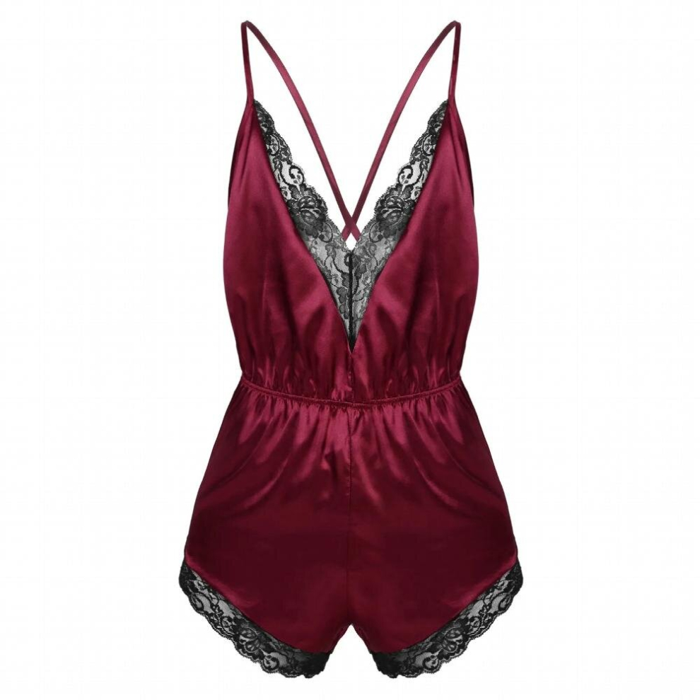 Mens Lingerie Pajamas Sleepwear Lace Trimmed Erotic Sissy Crossdressing Costume Jumpsuit Romper Satin V-neck Gay Male Nightwear