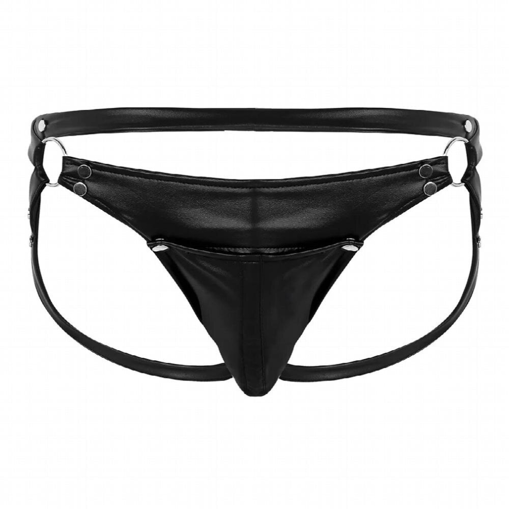 Black Mens Underwear Sexy Panties Faux Leather Erotic Lingerie Sexy Open Butt Press Button Bulge Pouch Men Jockstrap Briefs Underwear