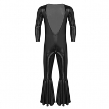 Mens Metallic Deep V Neck Open Chest Long Sleeves Bell Bottom Flare Leotard Bodysuit Catsuit Clubwear Sexy Club Costume