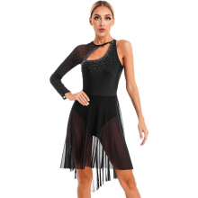 Womens Single Long Sleeve Lyrical Dance Dress Rhinestone Gymnastics Leotard Ballroom Contemporary Figure Skating Costume