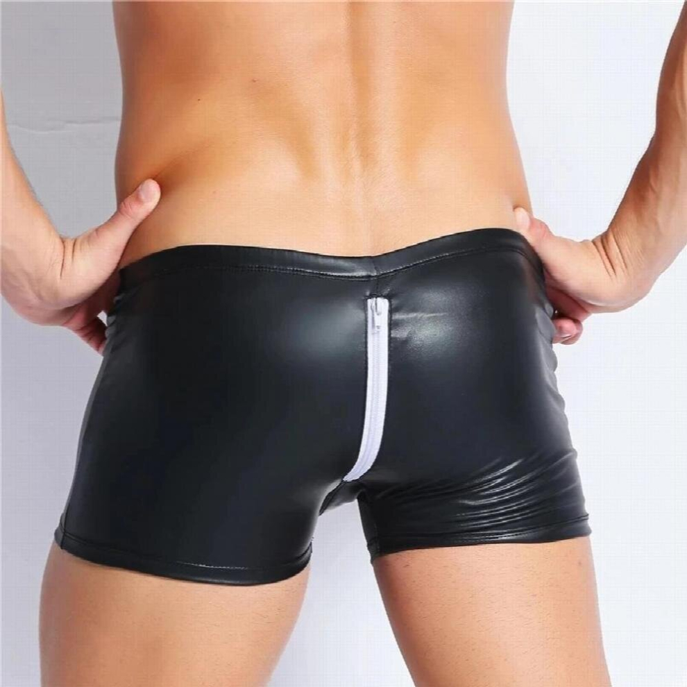 Black Mens Sexy Open Crotch Leather Short Pants For Sex Latex Bodycon Zipper Crotchless Patent Leather Fetish Boxer Pants Sissy