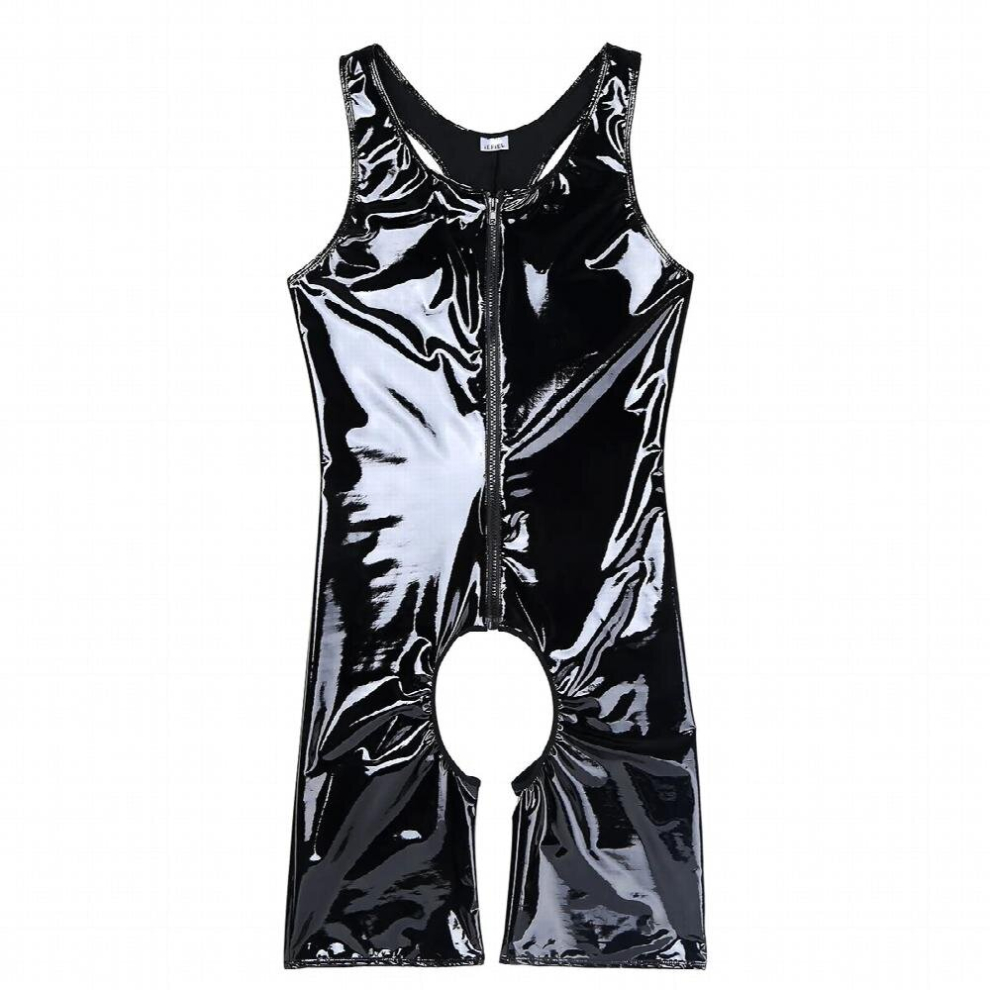 Black Mens Gay Male Latex Catsuit Gay Leather Sexy Bodysuit Wetlook With Zipper Crotchless Sissy Cut Out Teddies Clubwear Costumes