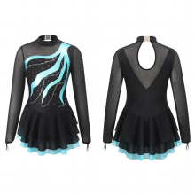 Kids Girls Figure Skating Ballet Dance Dress Long Sleeve Round Neckline Rhinestone Decorated Hollow Back Ballet Tutu Dancewear