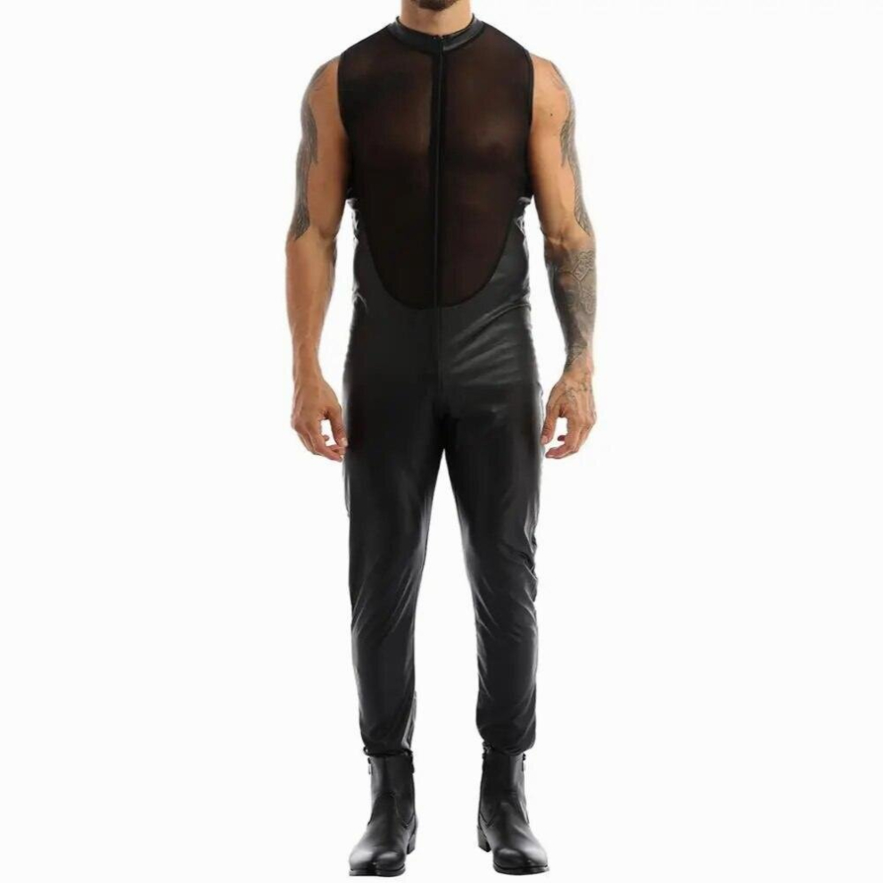Mens Wetlook Clubwear Costumes Parties Bodysuit Mesh Splice Bodice Zipper Jockstraps Latex Bodysuit Jumpsuit for Evening Party