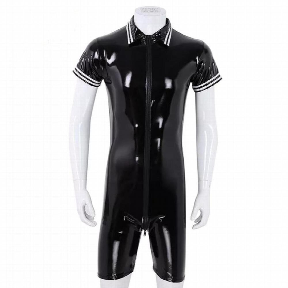 Plus Size Mens Sexy Open Crotch Leather Catsuit For Sex Erotic Shaping Sheath Latex Bodycon Crotchless Glossy Leather Shirt Sexi