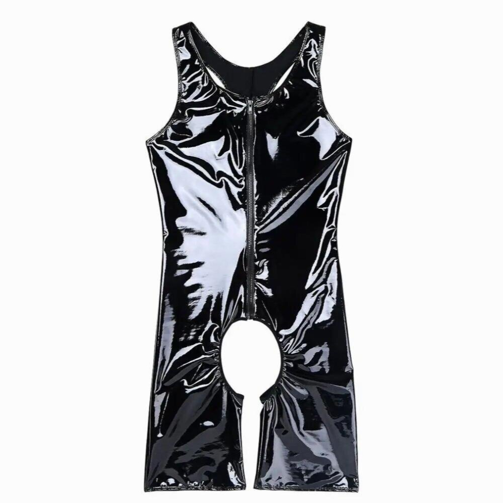 Black Mens Sissy Latex Open Crotch Catsuit Wetlook Pvc Leather One-Piece Teddy Lingerie Erotic Zipper Crotchless Leotard Gay Clubwear