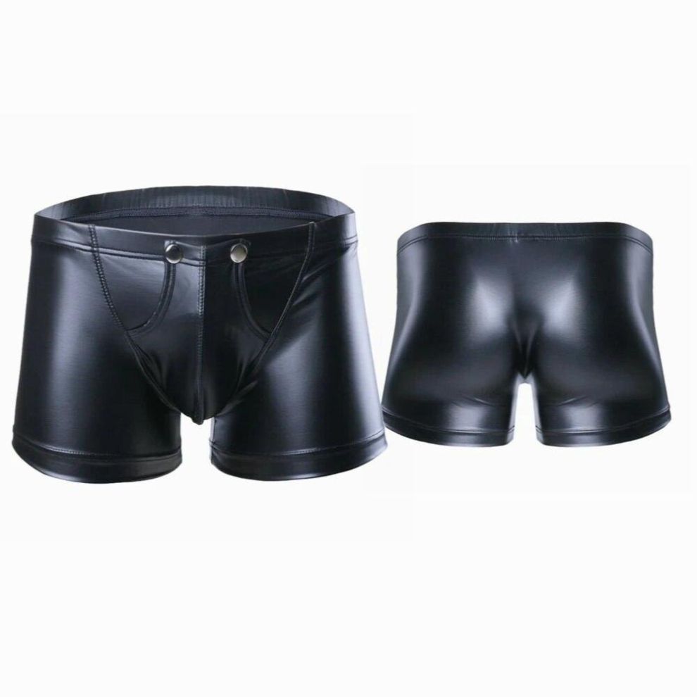 Sexy Men Faux Leather Shorts Erotic Lingerie Underpants Bulge Pouch Press Button Underwear Low-waisted Elastic Waistband Panties