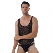 Men Hallow Out See-through Mesh Bodycon Bodysuit Solid Sissy Clubwear Sleeveless Wrestling Singlet Athletic Jumpsuits
