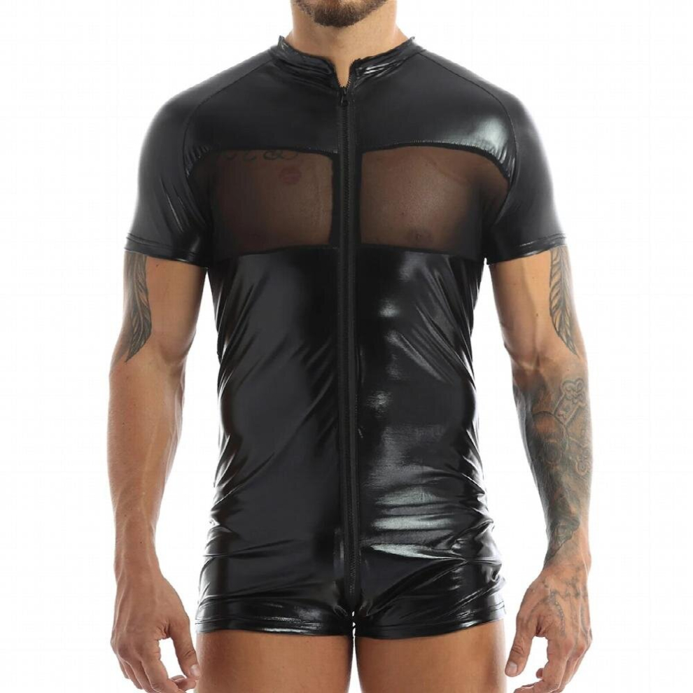 Black Mens Lingerie Teddies Metallic Short Sleeves Mesh Patchwork Skin-Tight Short Bodysuit Gay Male Latex Bodycon Sexy Clubwear
