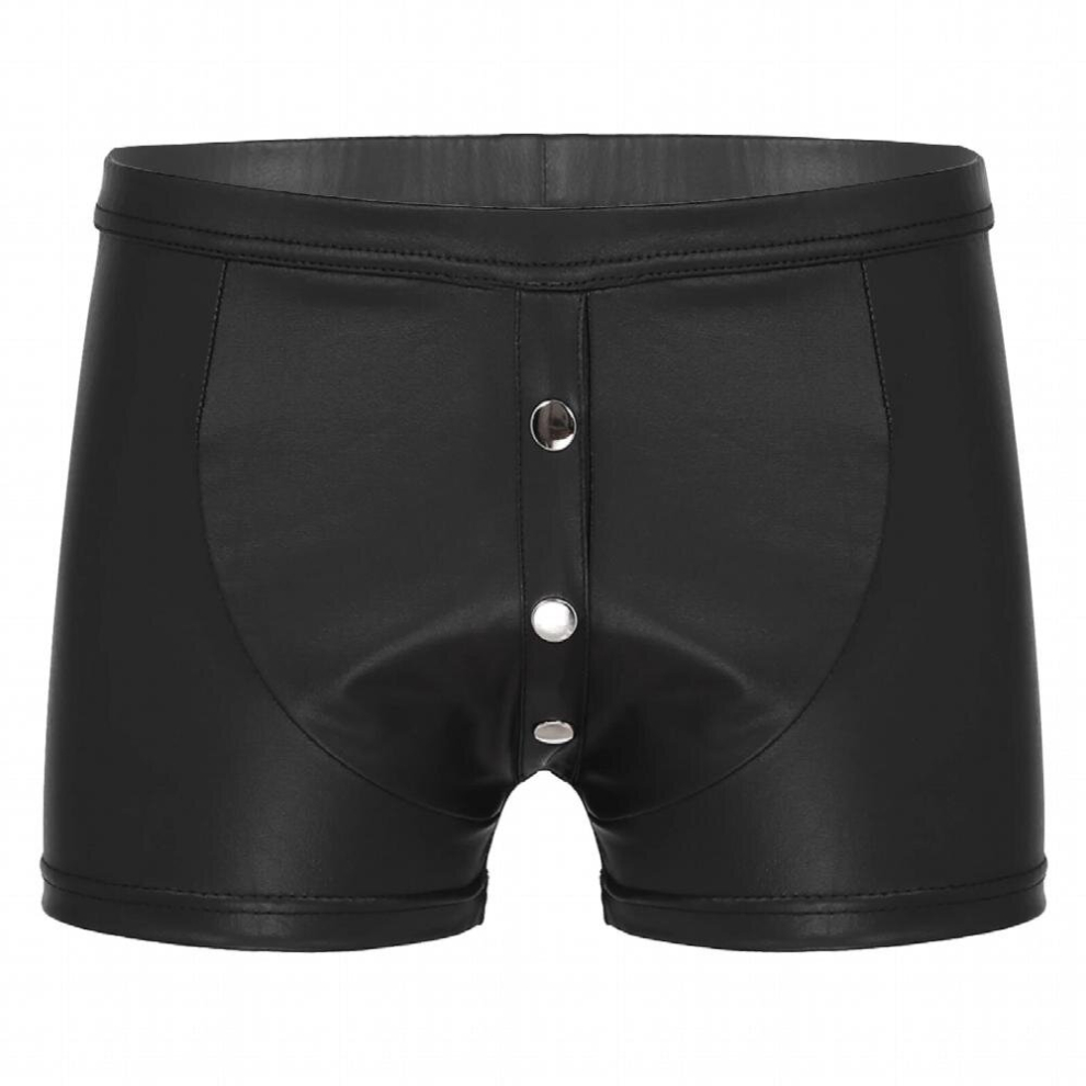 Mens Faux Leather Boxer Shorts Pole Dancing Underwear Males Button Front Panties Underpants Nightclub Bar Stage Show Costumes