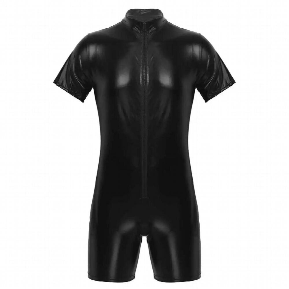 Black Mens Moto Lingerie Clubwear Wetlook Front Zipper Jockstraps Pouch Bodysuit Jumpsuit Body Latex Evening Parties Costumes
